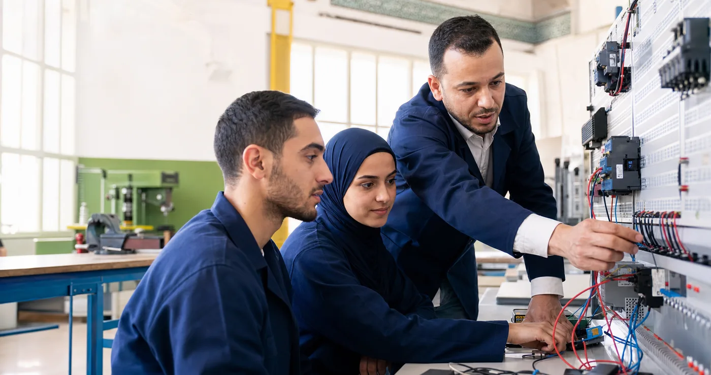 Apprenants et formateur dans un atelier de formation technique